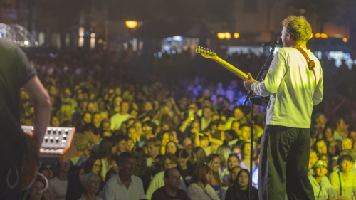 Ein Musiker steht mit Gitarre und Mikrofon am Bühnenrand vor einem großen, beleuchteten Publikum.