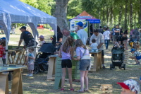 Familien und Kinder spielen an Holzstationen auf einer schattigen Wiese.