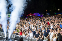 Großes Publikum feiert nachts vor einer Bühne mit Nebeleffekten.